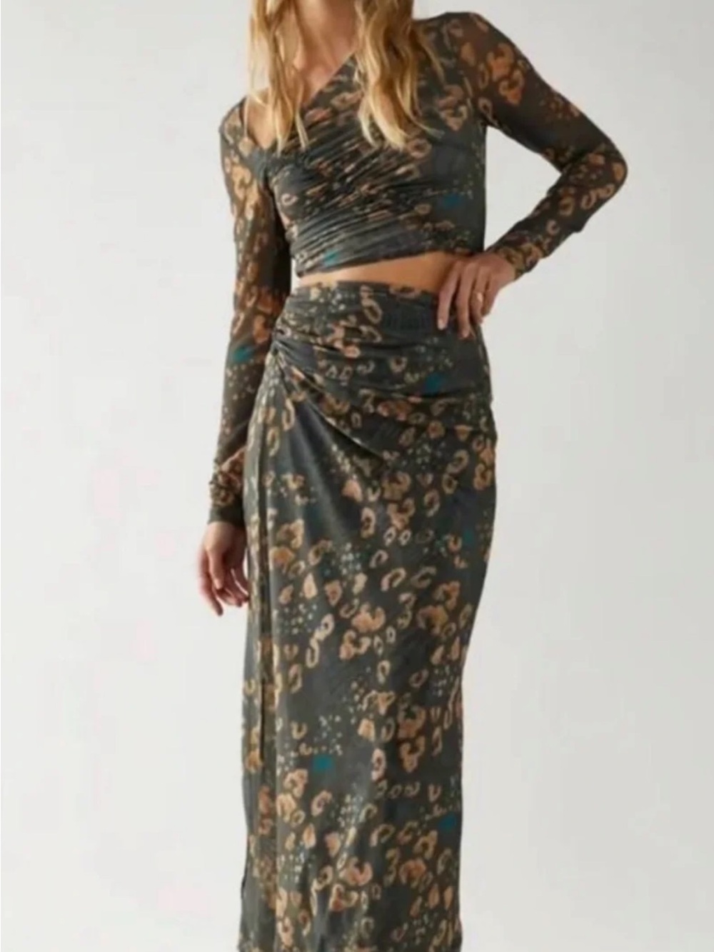 Free People Olive Maxi Skirt with Tan Leopard Motif